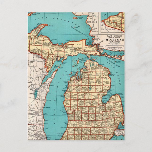 Cartão postal do mapa vintage de Michigan State (Frente)