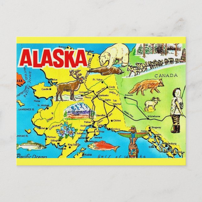 Cartão postal do mapa vintage do Alasca (Frente)