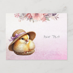 Cartão postal do pequeno pintinho com laço rosa