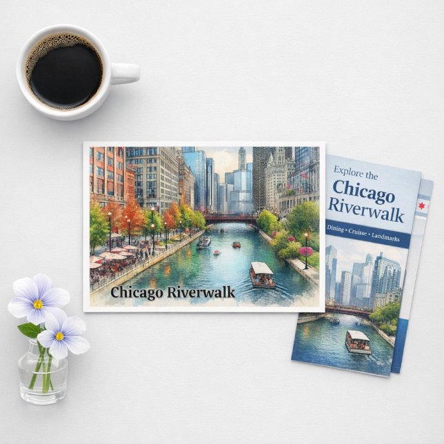 Cartão Postal do Rio da Cidade de Chicago Illinois (Chicago Riverwalk postcard urban charm, autumn color, and skyline magic in every detail)