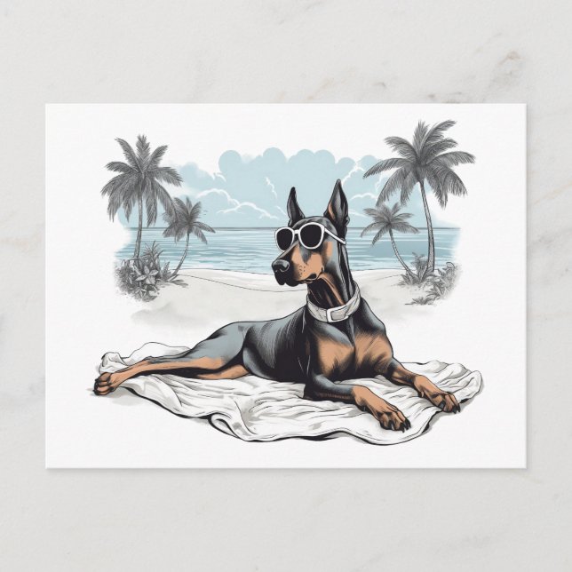 Cartão Postal Doberman com óculos de sol na praia (Frente)
