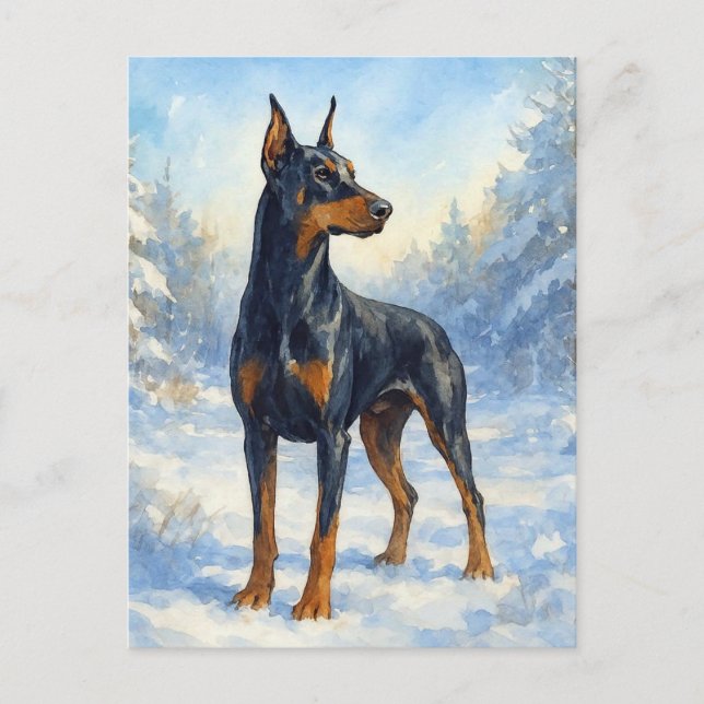 Cartão Postal Doberman na neve de inverno (Frente)