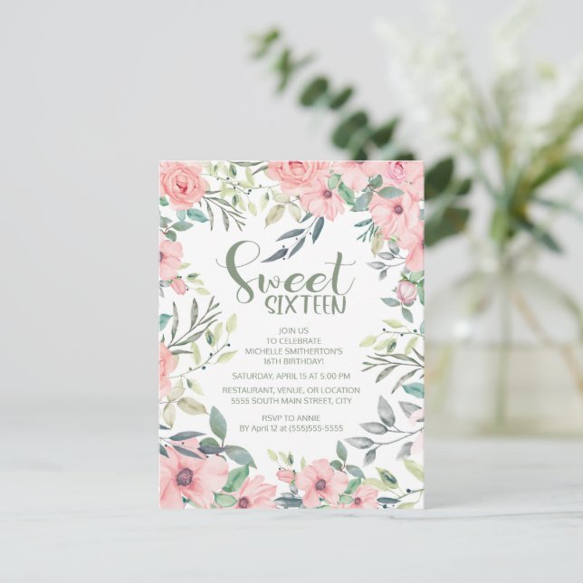 Cartão Postal Doce 16 Flores Rosa Bege Folhas Verde Sage (Em pé/Frente)