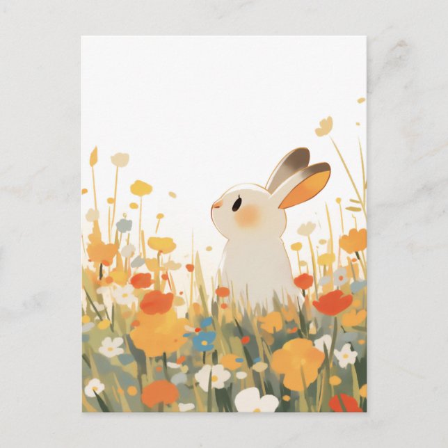 Cartão Postal Doce Coelho Branco em Prado Ensolarado de Flores S (Frente)