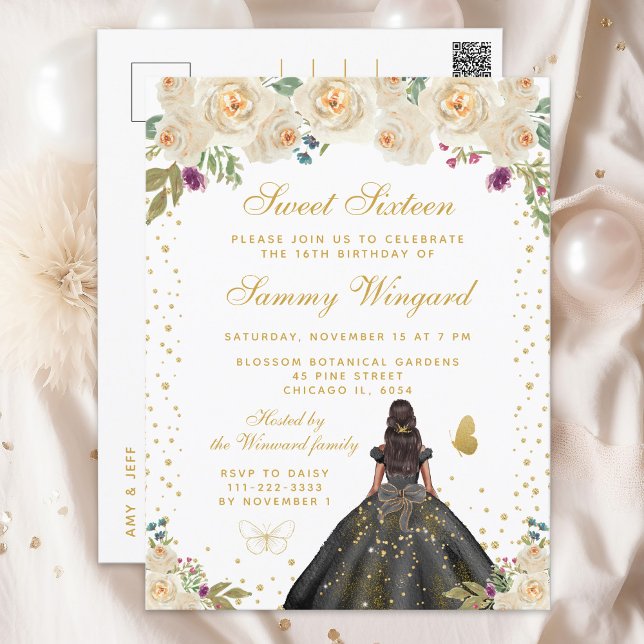 Cartão Postal Doce Floral Princesa de Pele Morena Aniversário de (Criador carregado)