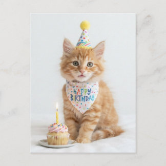 Cartão Postal Doce gatinho fofo com um cupcake. Feliz Aniversári