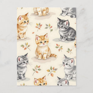 Cartão Postal Doce Ginger e Kitten Cinza Watercolor Sem Costura