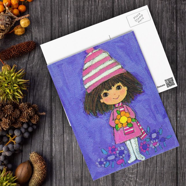 Cartão Postal Doce Menina Com Cartão-Postal Daisy (Cute little vintage girl in pink white boots with flowers on purple postcard.)