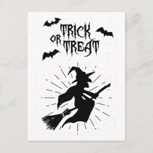 Cartão Postal doce ou travessura a bruxa voadora halloween