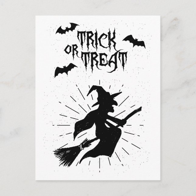 Cartão Postal doce ou travessura a bruxa voadora halloween (Frente)