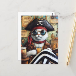 Cartão Postal Doce Pirata de Gatinho com café em um Compro Antiq