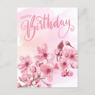 Cartão Postal Doce Rosa Bege Sakura Floral Aniversário
