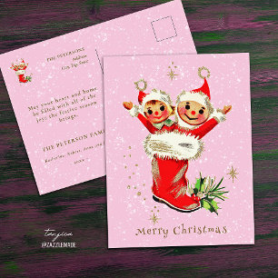 Cartão Postal Doces Elfos de Natal Vintage Retro Rosa