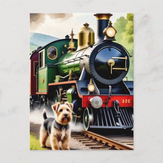 Cartão Postal Dog Greeting steam train (Frente)
