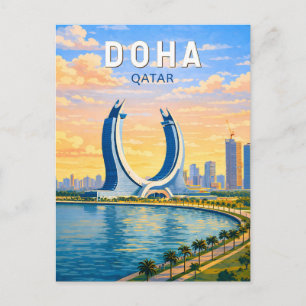 Cartão Postal Doha Qatar Ilustração Arte de Viagem Vintage