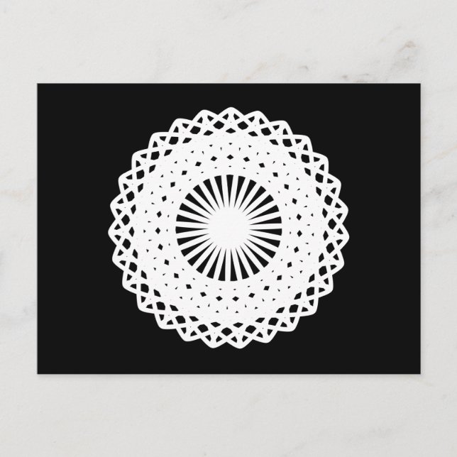 Cartão Postal Doily. Círculo de rendas brancas. Em preto. (Frente)