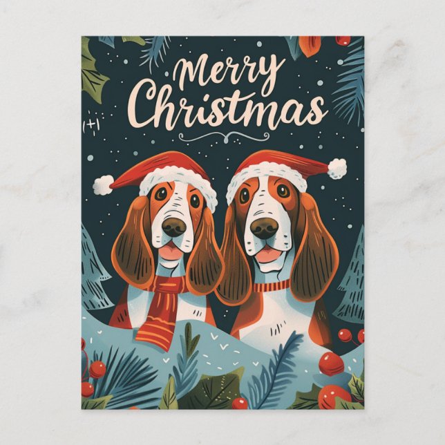 Cartão Postal Dois Basset Hound Feliz Natal  (Frente)