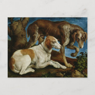 Cartão Postal Dois cães caçadores ligados a um toco de árvore