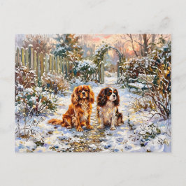 Cartão Postal Dois Cavalier Spaniels em Caminho de Inverno