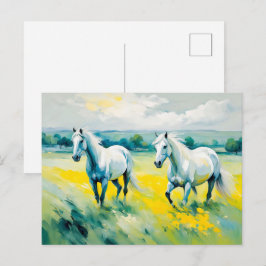 Cartão Postal Dois Cavalos Brancos Atravessando Flores Amarelas