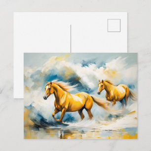 Cartão Postal Dois Cavalos Galopando Através de Água Rasa