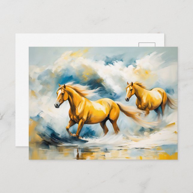 Cartão Postal Dois Cavalos Galopando Através De Água Suave (Frente/Verso)