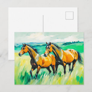 Cartão Postal Dois Cavalos Marrons Correndo Sobre O Prado Verde
