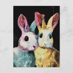 Cartão Postal Dois Coelhos Coloridos Adoráveis