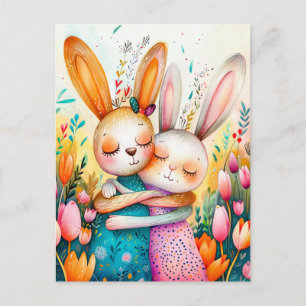 Cartão Postal Dois Coelhos de Páscoa em Campo de Tulipas