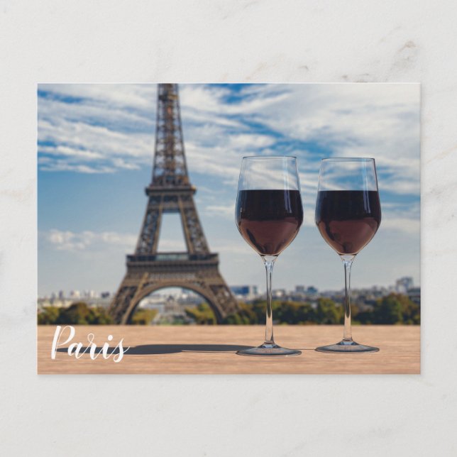 Cartão Postal Dois copos de vinho com torre Eiffel (Frente)