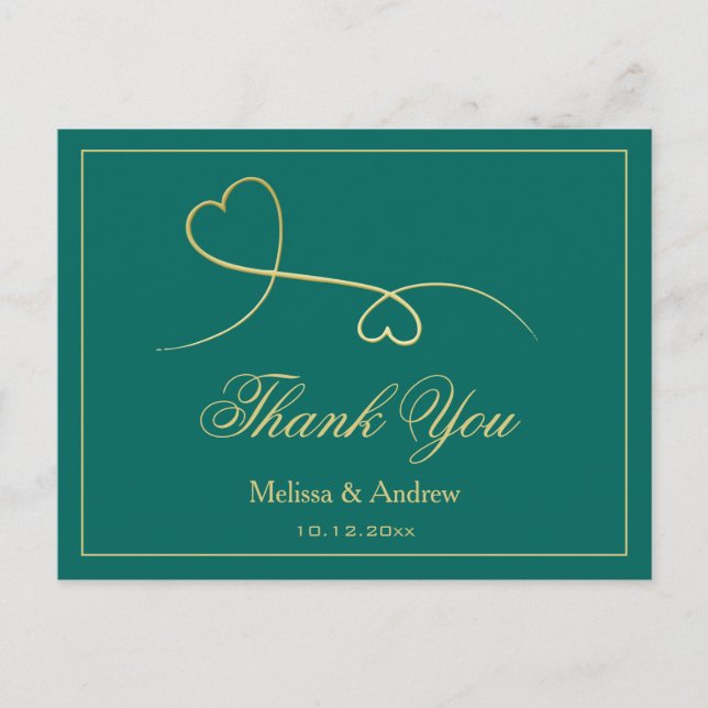 Cartão Postal Dois Corações Dourados Elegantes | Posta "Obrigado (Frente)