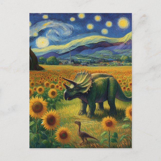 Cartão Postal Dois Dinos em Van Gogh Starry Night Sunflower (Frente)