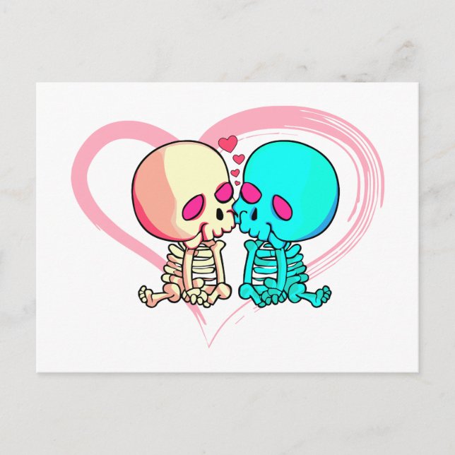 Cartão Postal Dois esqueletos românticos se beijam com coração r (Frente)