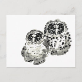 Cartão Postal Dois filhotes de coruja pintura sumie ink