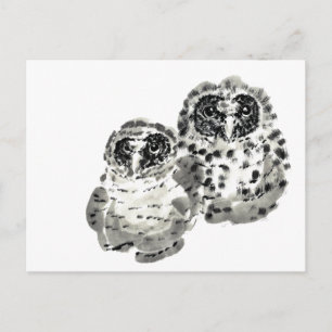 Cartão Postal Dois filhotes de coruja pintura sumie ink