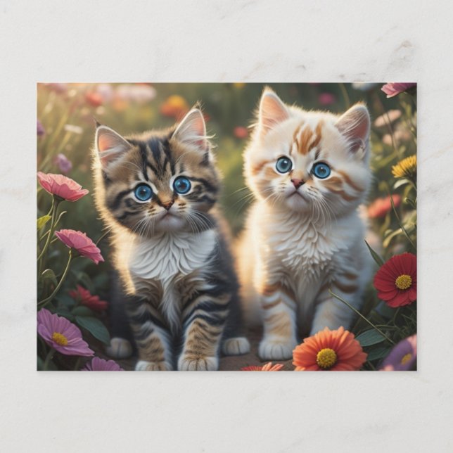 Cartão Postal Dois gatinhos com flores (Frente)