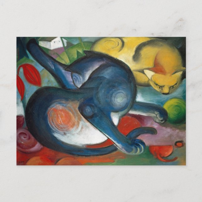 Cartão Postal Dois gatos, azul e amarelo por Franz Marc (1912) (Frente)