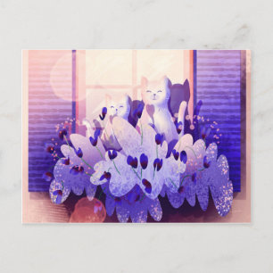 Cartão Postal Dois gatos brancos sentados à janela ao pôr do sol