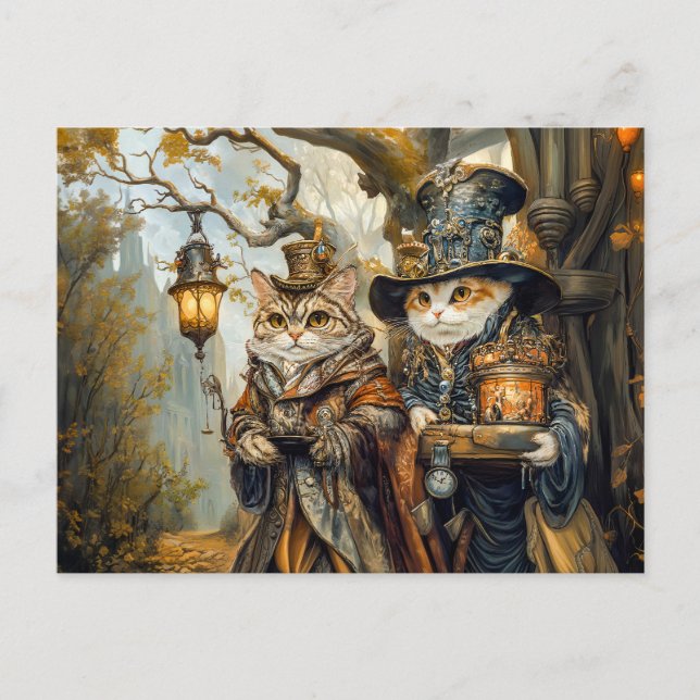 Cartão Postal Dois Gatos Mágicos em Cena de Fantasia Steampunk (Frente)