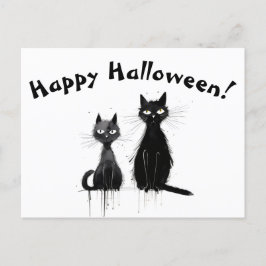 Cartão Postal Dois Gatos Negros Felizes Halloween