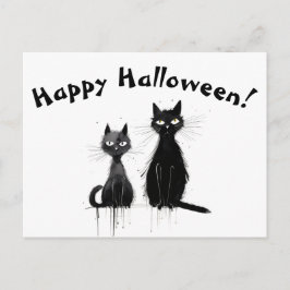 Cartão Postal Dois Gatos Negros Felizes Halloween