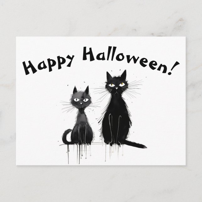 Cartão Postal Dois Gatos Negros Felizes Halloween (Frente)