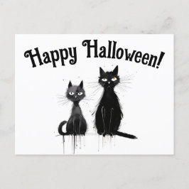 Cartão Postal Dois Gatos Negros Felizes Halloween