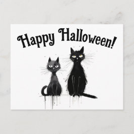 Cartão Postal Dois Gatos Negros Felizes Halloween