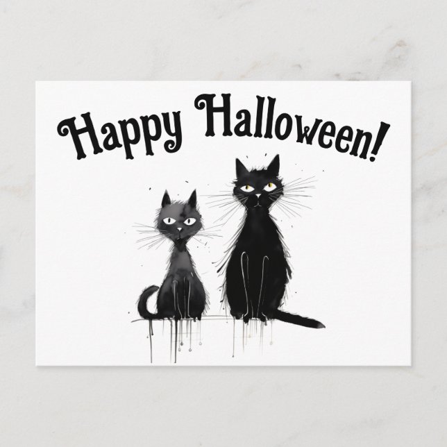 Cartão Postal Dois Gatos Negros Felizes Halloween (Frente)