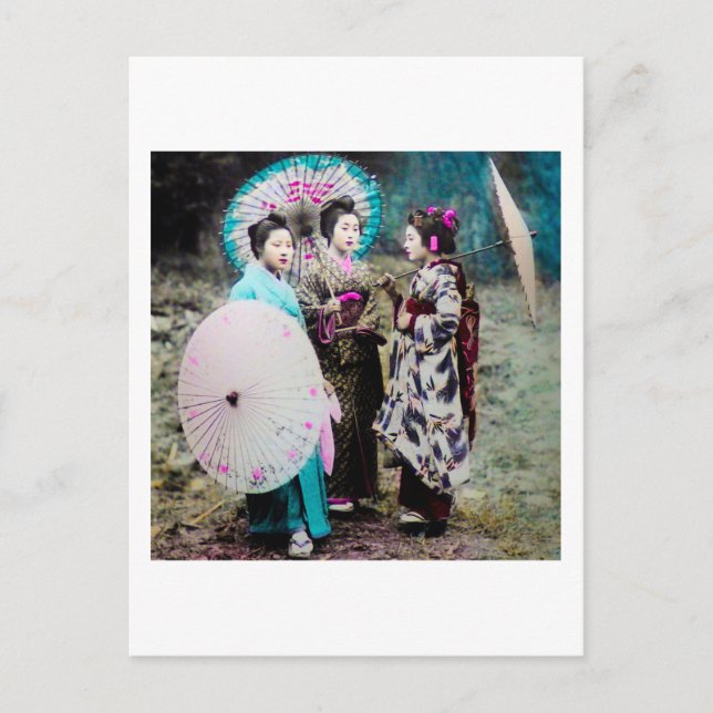 Cartão Postal Dois Geisha e um Maiko e Parasols Antigo Japão (Frente)