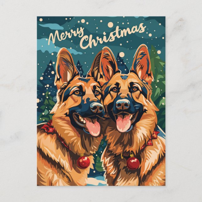 Cartão Postal Dois German shepherd Feliz Natal (Frente)