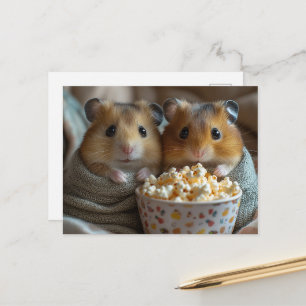 Cartão Postal Dois Hamsters Com uma Grande Tigela de Pipoca