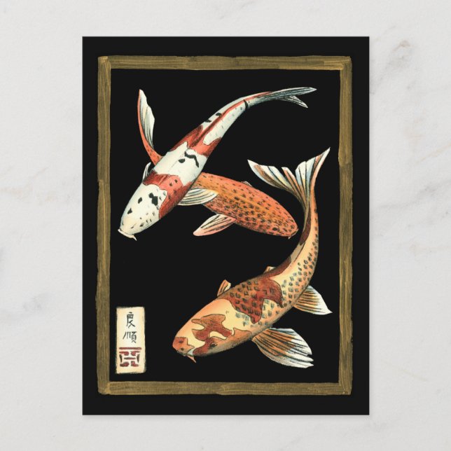 Cartão Postal Dois Koi Goldfish japoneses em preto (Frente)