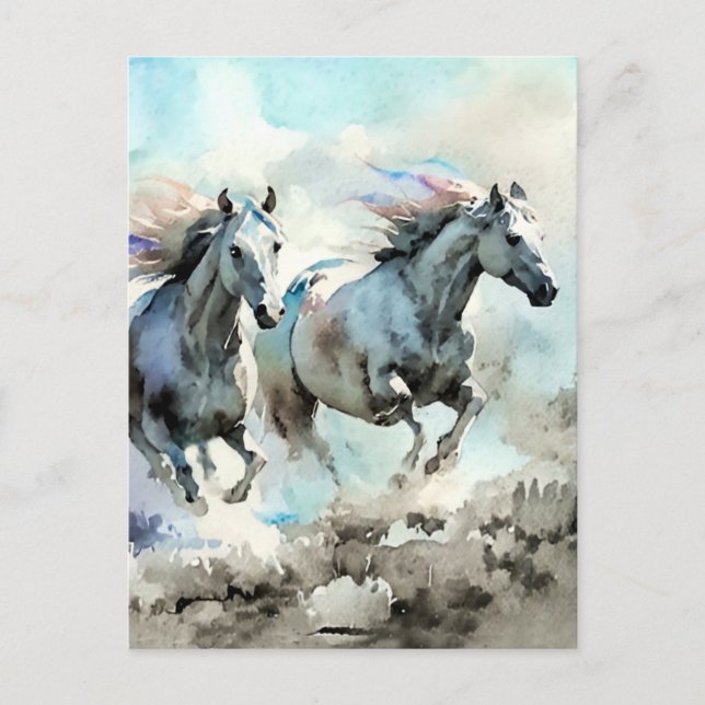 Cartão Postal Dois Mustangs selvagens correm contra o vento (Frente)